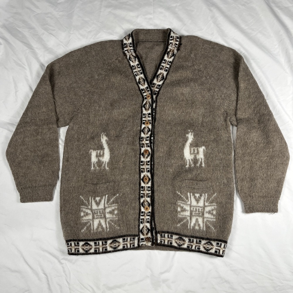 Peruvian Alpaca Wool Knit Cardigan‎ Vtg Wood Button 90s Southwestern Aztec
